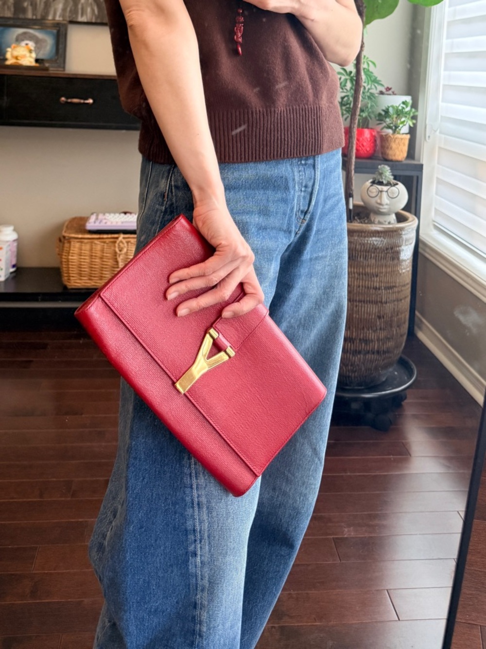 YSL Red Leather Clutch Gold Y Clasp Statement Bag Excellent Condition